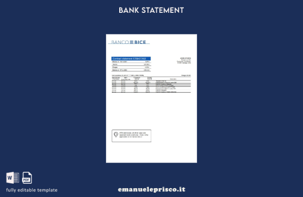 modello word di estratto conto bancario Cile Banco Bice in stile verificato